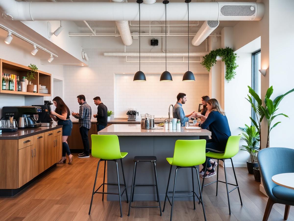 Kitchen and coffee lounge where coworking members gather in Atlanta